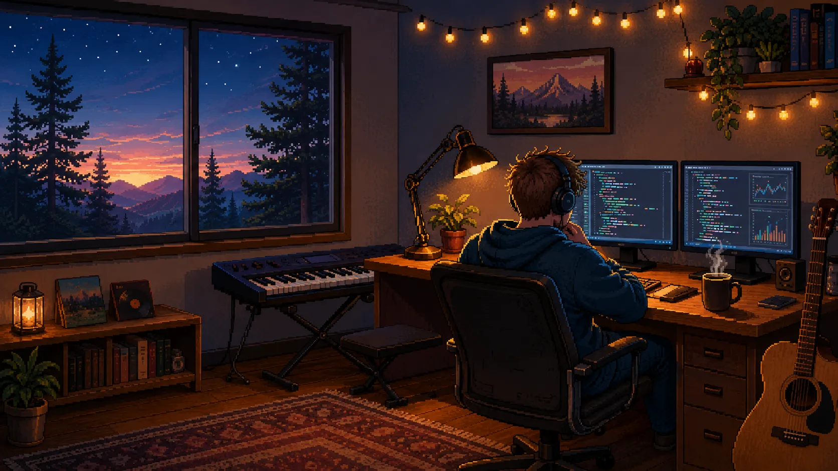 Pixel art of Andrew at his desk at dusk: two monitors of code, a stage piano, a steaming coffee, and pines out the window